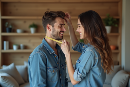 Jeune homme en denim avec partenaire mesurant sa tête