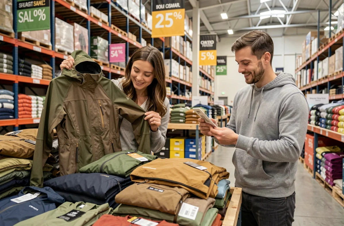 Couple examinant des vêtements outdoor de marque soldés sur une table de déstockage dans un entrepôt sport