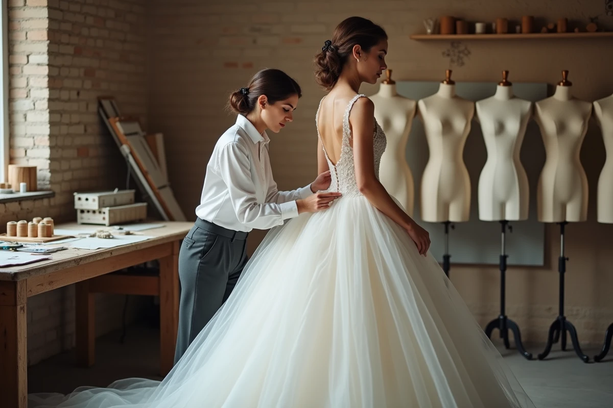 Couturière ajustant la robe de mariée d'une future mariée dans un atelier de couture à Nice