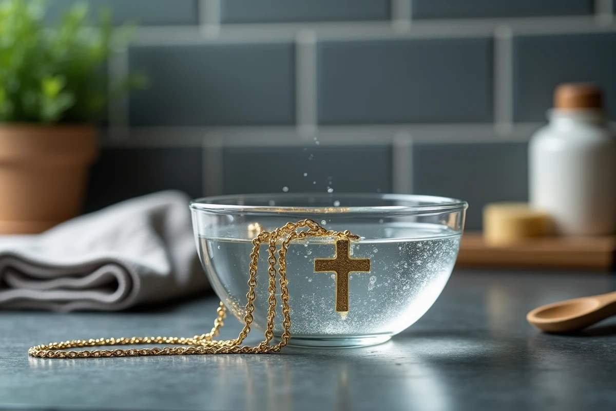 Croix en or plongée dans un bol d'eau savonneuse sur ardoise grise, méthode de trempage pour nettoyer les bijoux en or