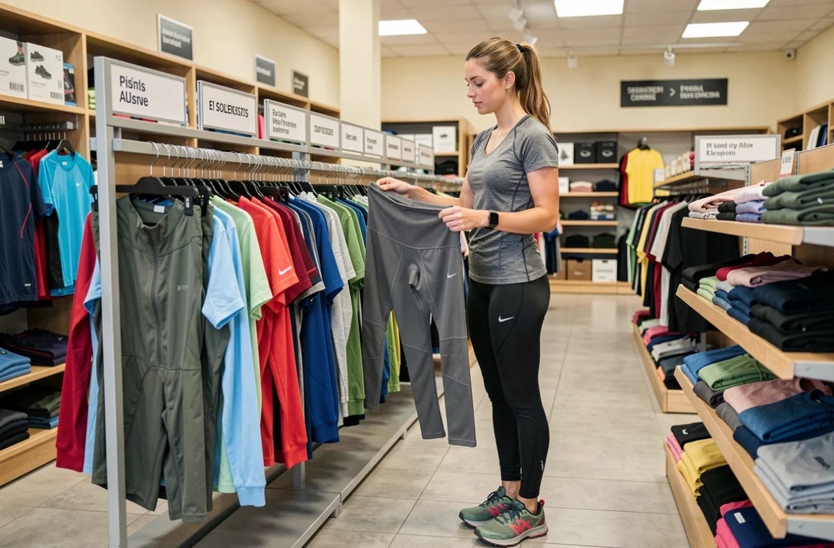 Jeune femme choisissant des vêtements de sport au Decathlon de Château-Thierry, alternative sportswear au sud du département de l'Aisne