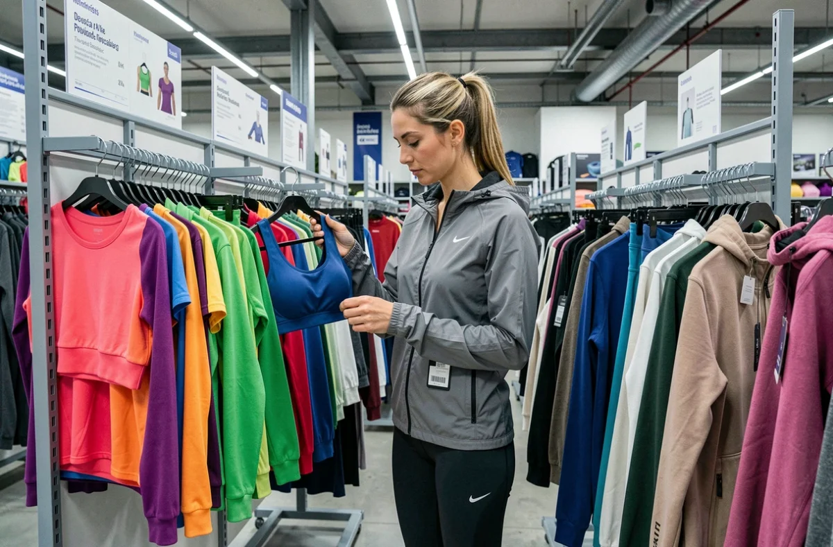 Femme active choisissant des vêtements de sport féminins dans le rayon sportswear du Decathlon de Laon-Chambry
