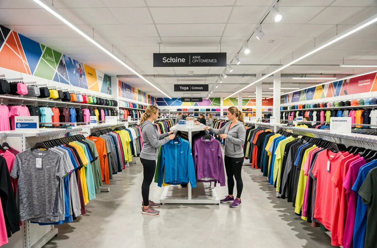 Vue grand angle du vaste rayon sportswear féminin du Decathlon de Soissons, le plus grand choix de l'Aisne