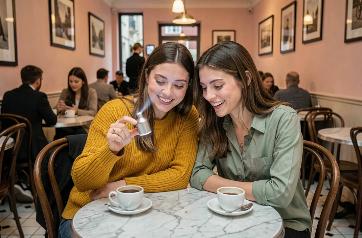 Deux femmes découvrant un bijou cylindre à projection photo dans un café parisien, expression de curiosité et de joie