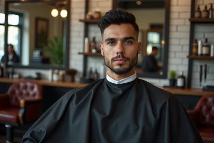 Homme hispanique avec un dégradé espagnol ultra propre assis dans un fauteuil de barbier professionnel en barbershop moderne