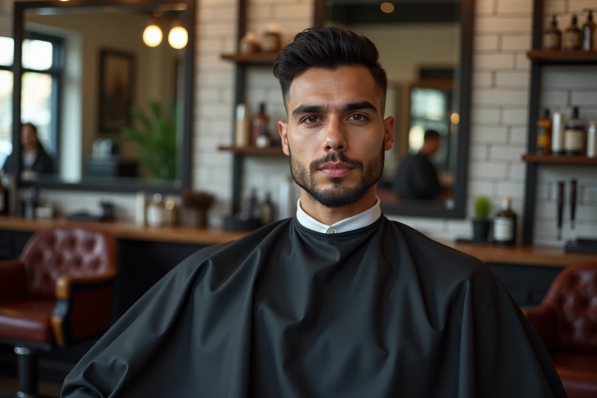 Homme hispanique avec un dégradé espagnol ultra propre assis dans un fauteuil de barbier professionnel en barbershop moderne