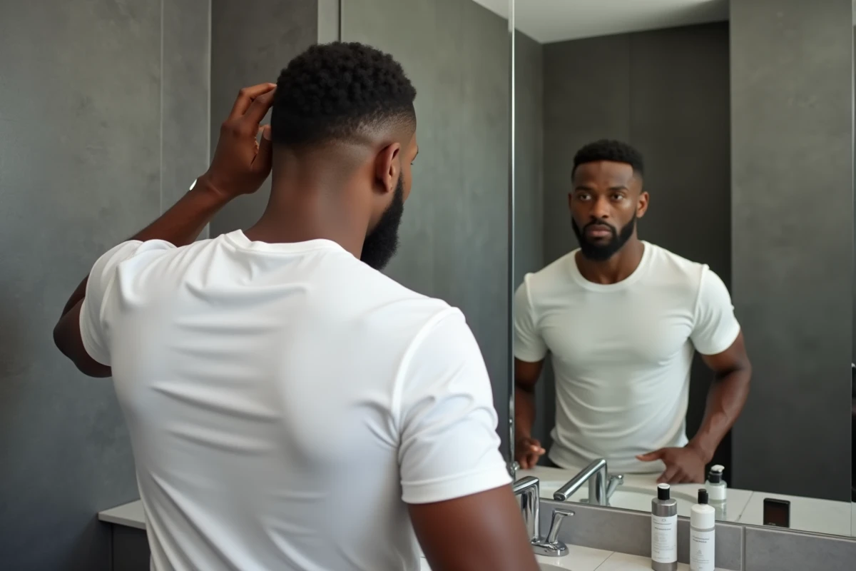 Homme avec dégradé espagnol regardant son reflet dans le miroir d'une salle de bain moderne pour vérifier l'entretien de sa coupe