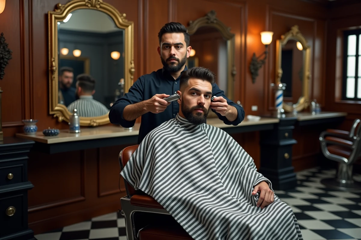 Barbier en train de réaliser un dégradé espagnol sur un client dans un barbershop classique au décor vintage élégant