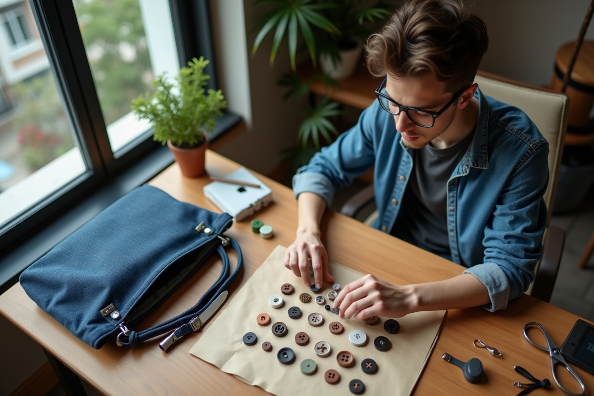 Jeune designer arrangeant des boutons sur une table en studio créatif