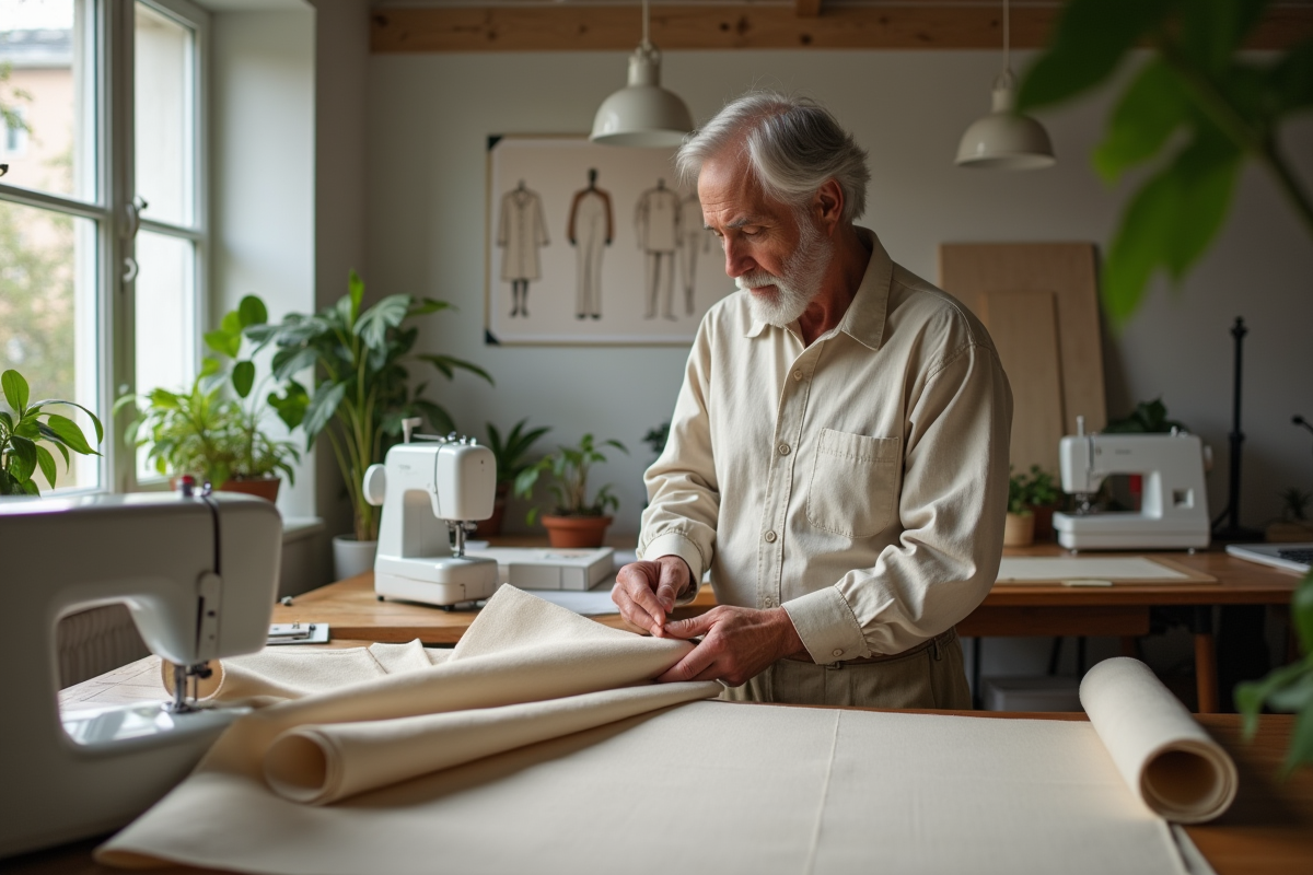 Designer de mode examine tissus durables dans son atelier