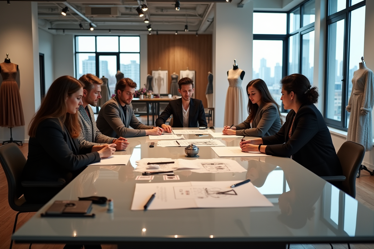 Groupes de designers mode examinant textiles et croquis