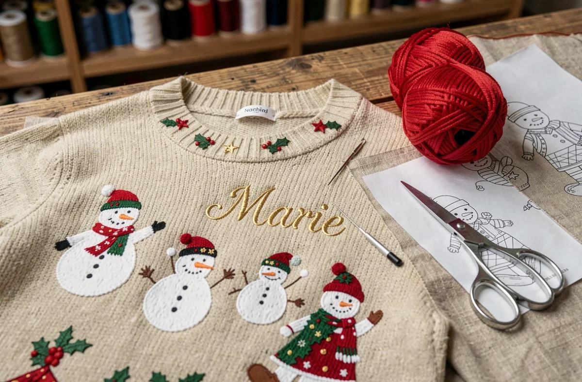 Gros plan d'un pull de Noël personnalisé avec broderies dorées et accessoires de couture sur une table en bois