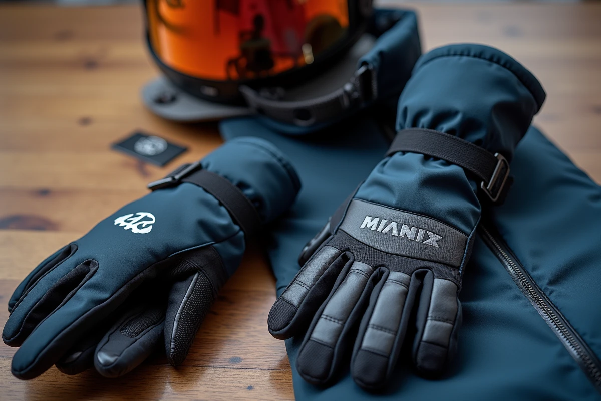 Détail des matériaux et finitions de vêtements de ski haut de gamme incluant gants, casque et veste technique en vue à plat