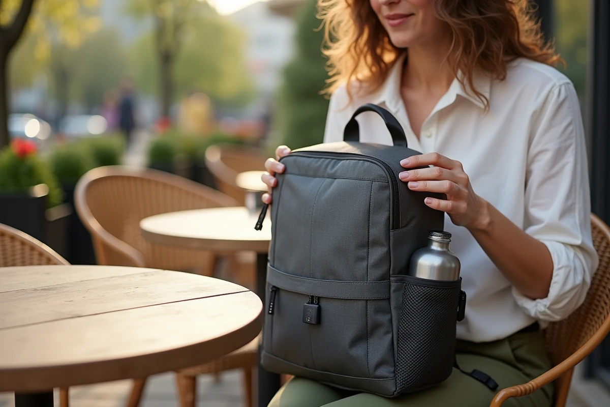 Détails de sécurité d'un sac à dos femme avec cadenas et fermeture anti-vol en terrasse de café