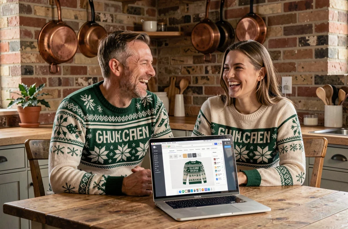 Duo père et fille en pulls de Noël personnalisés assortis devant un ordinateur portant un site de personnalisation de vêtements