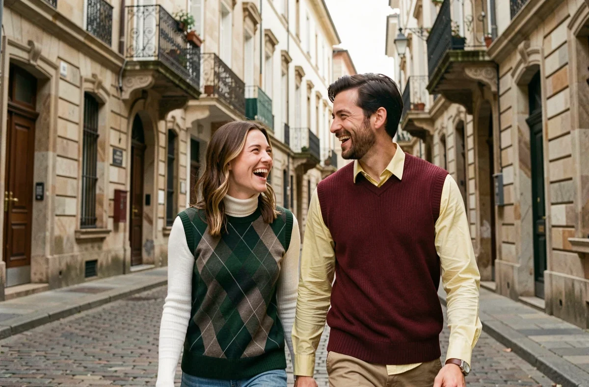 Deux amis en pulls sans manche style preppy marchant dans une rue pavée d'une ville européenne en automne