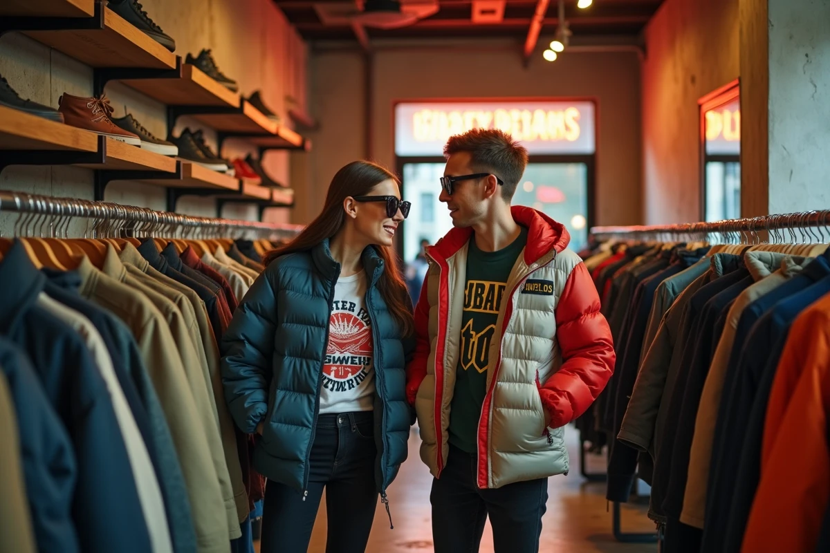 Deux amis en tenue streetwear bullrot dans une boutique urbaine indépendante avec rayonnages en bois brut