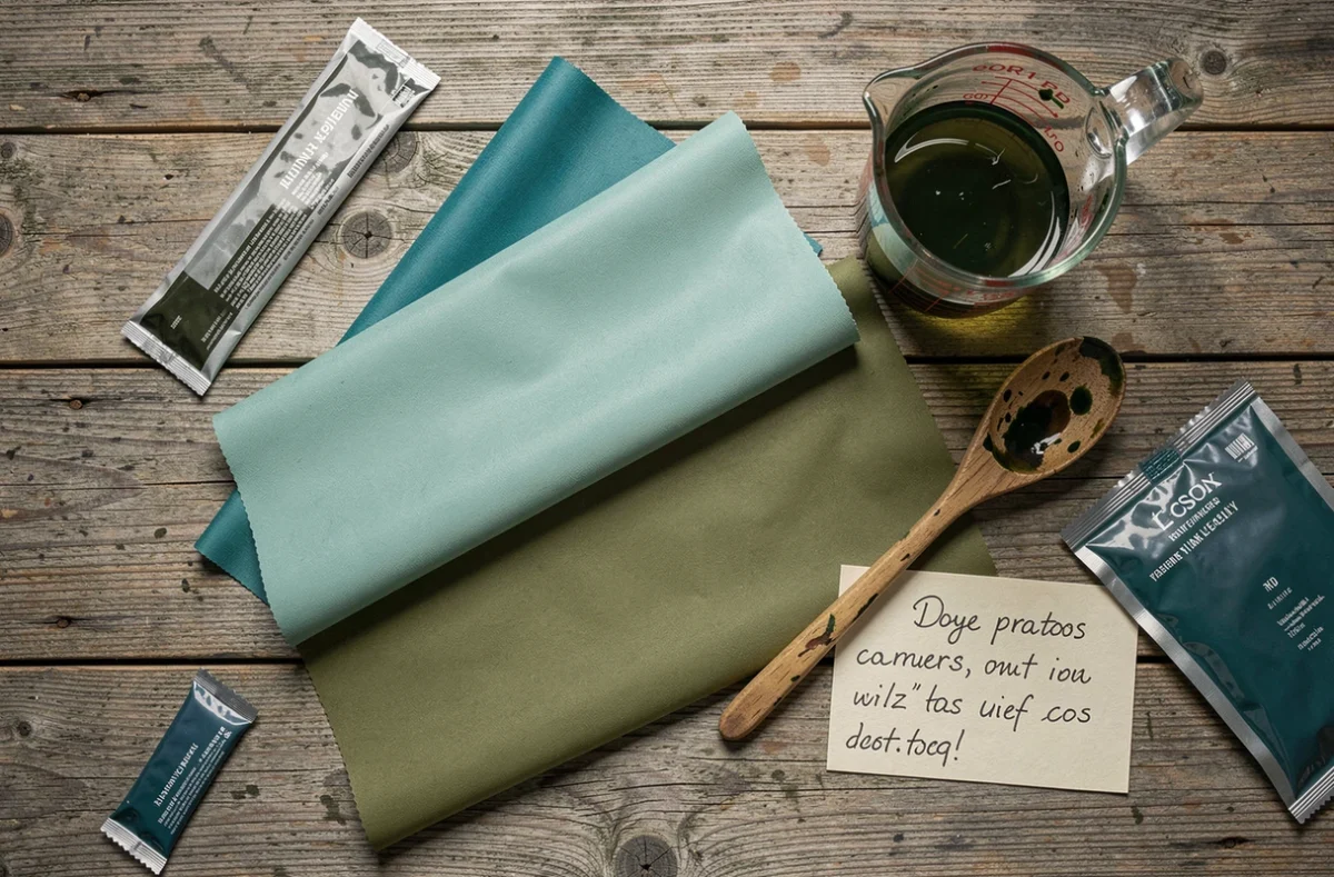 Échantillons de tissu polyester teints en vert et bleu posés à plat avec des sachets de teinture et une cuillère en bois sur une table en bois