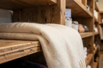 Écharpe en cachemire ivoire soigneusement pliée sur une étagère en bois dans une boutique de luxe