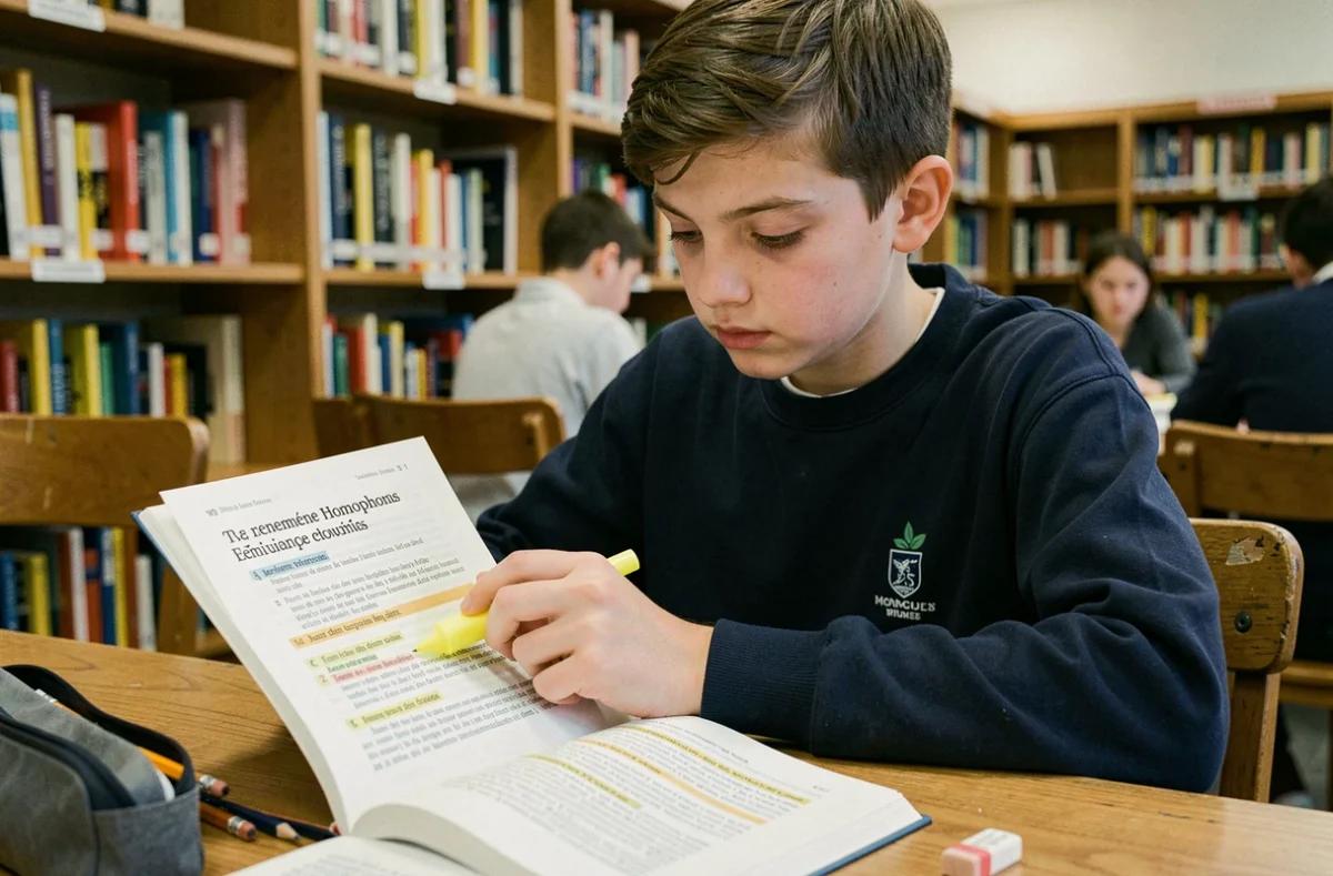 Élève de collège surlignant les règles d'utilisation de ma et m'a dans un manuel de grammaire française en bibliothèque