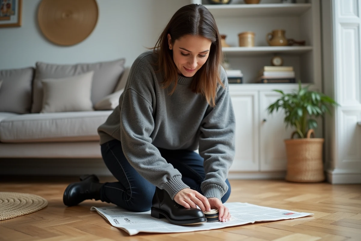 Femme entretenant des bottines noires avec du cirage sur le parquet d'un appartement moderne