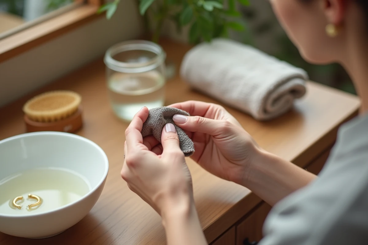 Femme entretenant une boucle d'oreille créole dorée avec un chiffon microfibre sur une coiffeuse en bois