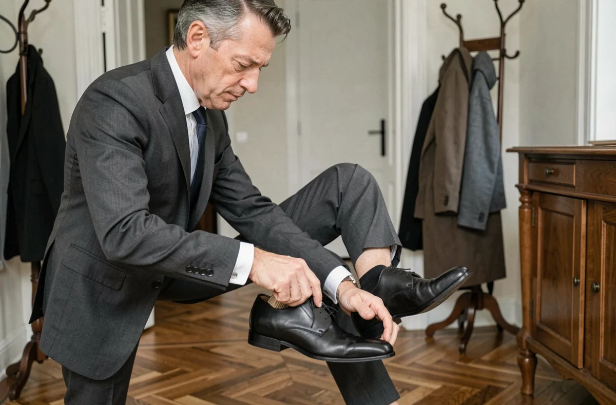 Homme en costume entretenant ses chaussures en cuir lisse noir avec une brosse à cirer dans un couloir d'entrée élégant