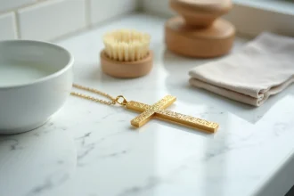 Entretien d'une croix en or posée sur marbre avec brosse douce et chiffon microfibre pour un nettoyage délicat des bijoux