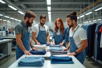 Groupe de travailleurs textiles dans une usine moderne