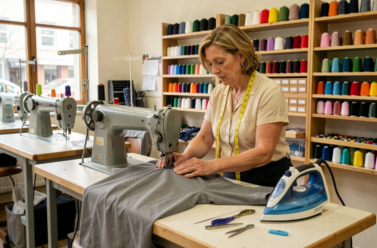 Couturière professionnelle effectuant une retouche sur une robe à la machine à coudre dans l'Espace Retouches à Clermont-Ferrand