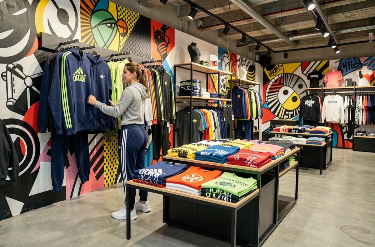 Jeune femme en tenue de sportswear choisissant des vêtements dans la boutique FairePlay! streetwear à Clermont-Ferrand