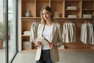 Femme inspectant un blazer en lin beige dans une boutique Zara pour un achat responsable et malin