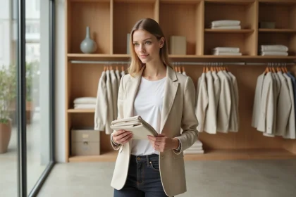 Femme inspectant un blazer en lin beige dans une boutique Zara pour un achat responsable et malin