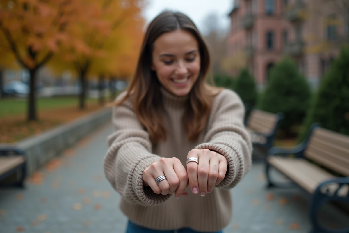 Femme souriante ajuste un anneau gravé sur son partenaire