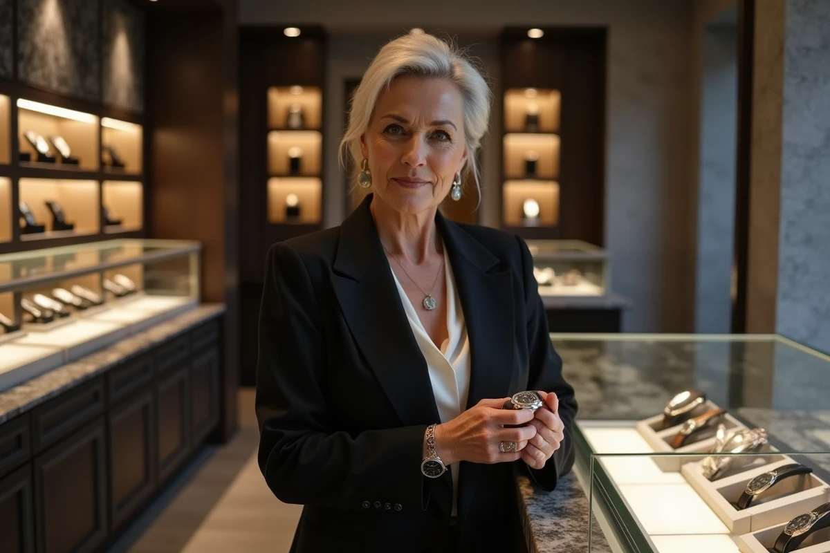 Femme sophistiqu&eacute;e tenant une montre de luxe dans une boutique haut de gamme