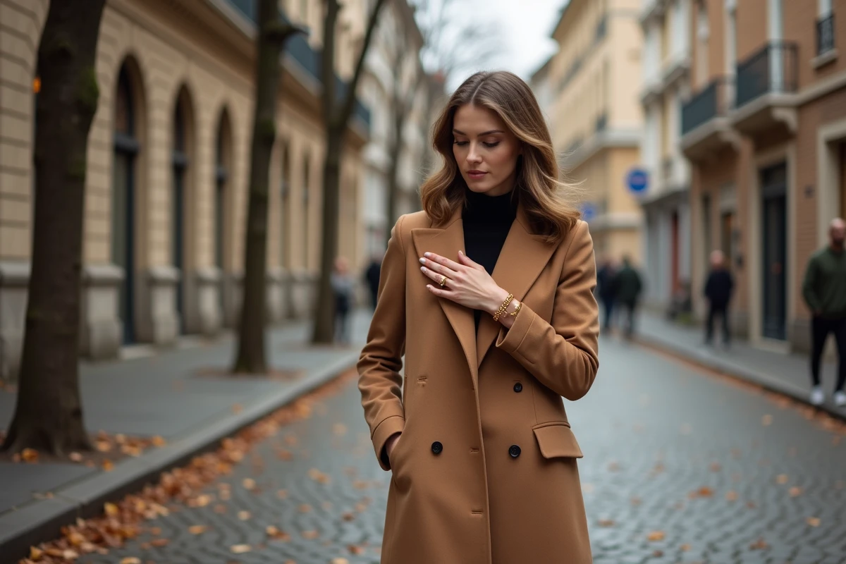 Femme élégante en manteau camel portant un bracelet doré TRESOR dans une rue pavée européenne en automne