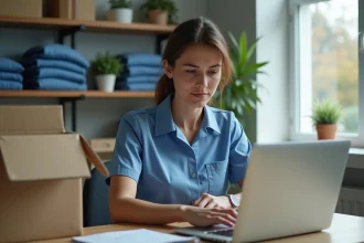 Femme en uniforme de travail dans un bureau moderne