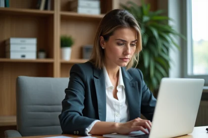 Femme au bureau en ligne avec expression perplexe