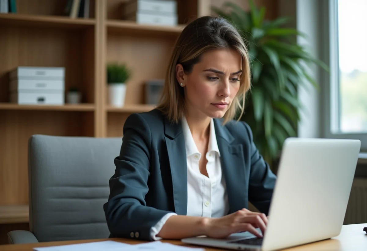 Femme au bureau en ligne avec expression perplexe