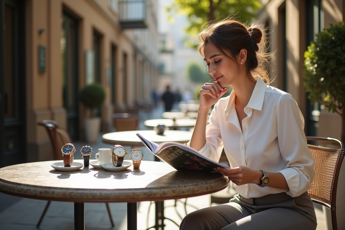 Jeune femme lit magazine avec montres sur table extérieure