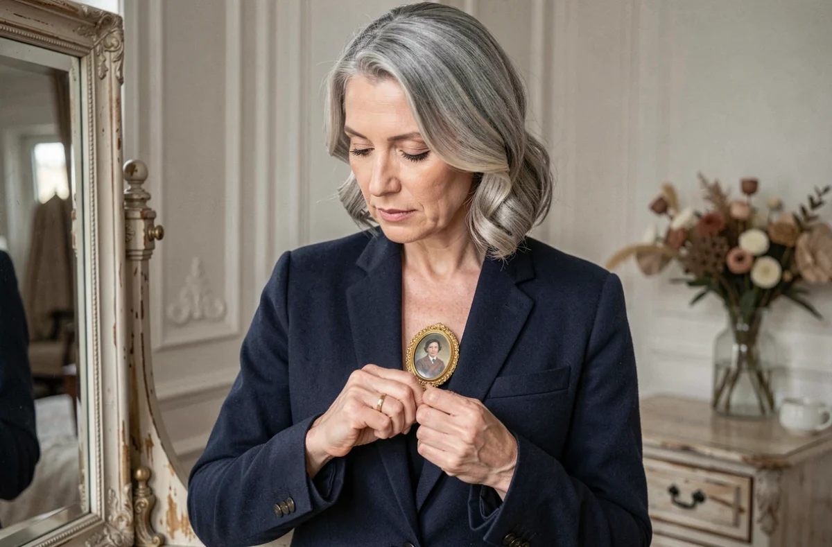 Femme élégante épinglant un camée ovale sur son blazer marine devant un miroir vintage dans un appartement parisien