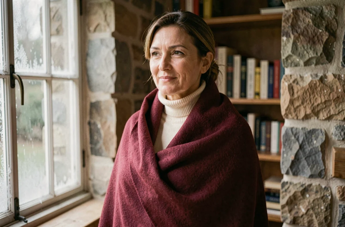 Femme élégante portant un châle pashmina bordeaux dans un intérieur en pierre chaleureux
