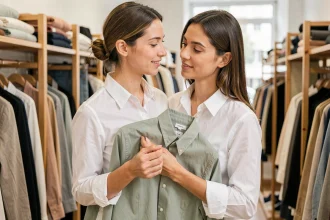Femme portant un chemisier blanc en coton à col pointu dans une boutique de vêtements, tenant un second chemisier vert sauge