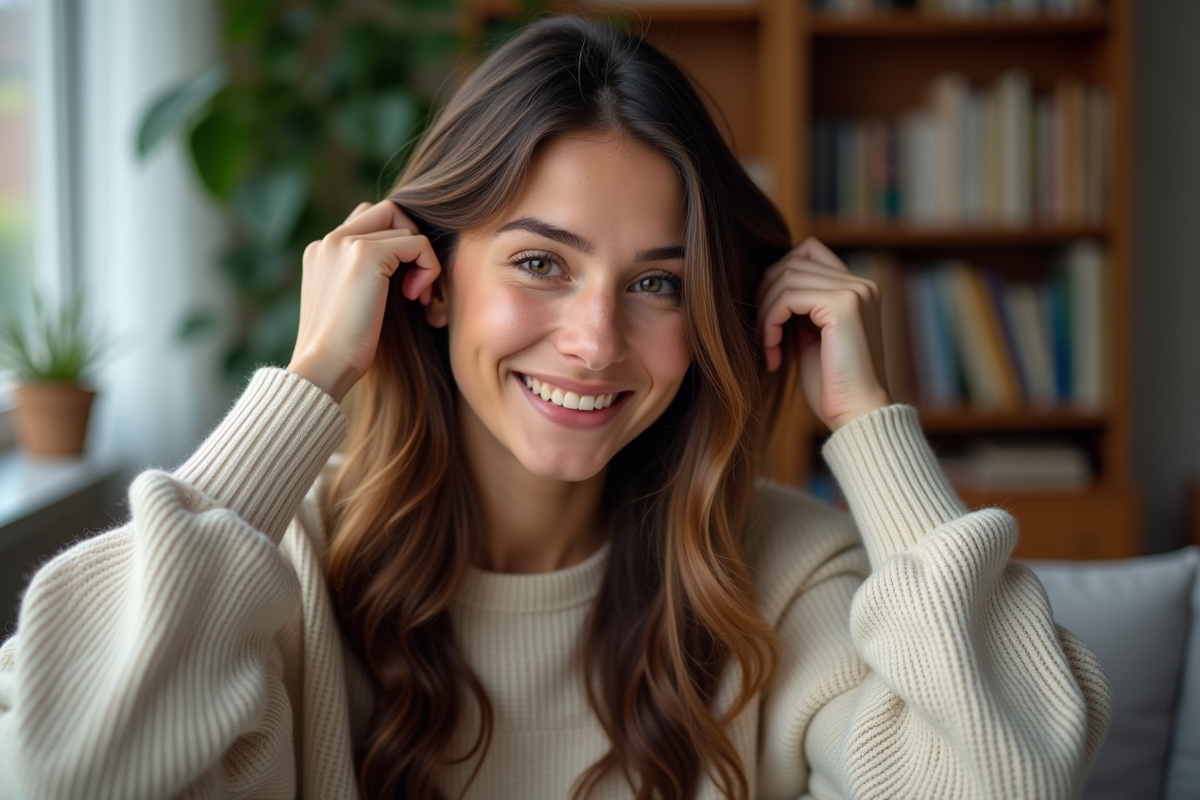 Femme souriante aux cheveux ondulés dans un intérieur cosy