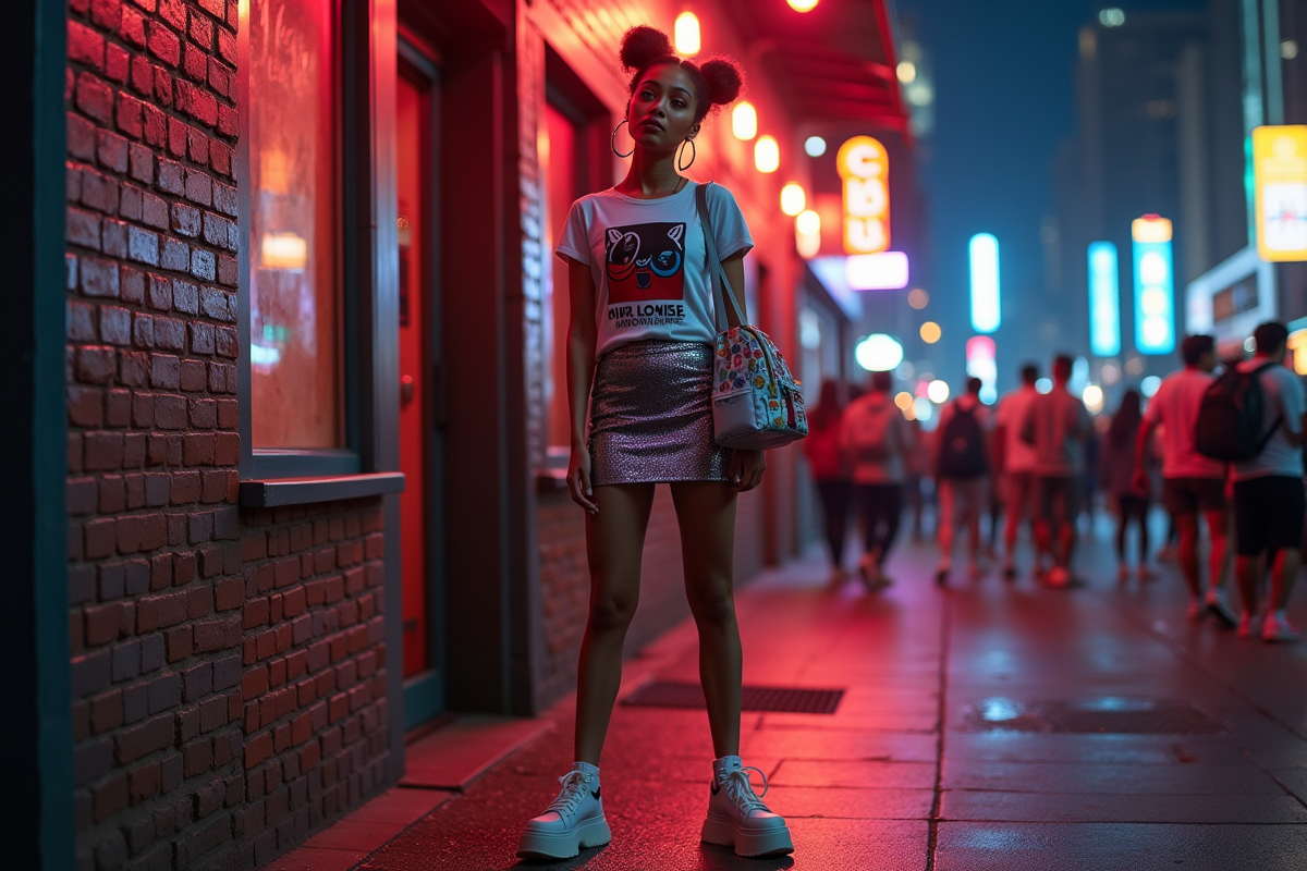 Jeune femme stylée devant une discothèque urbaine la nuit