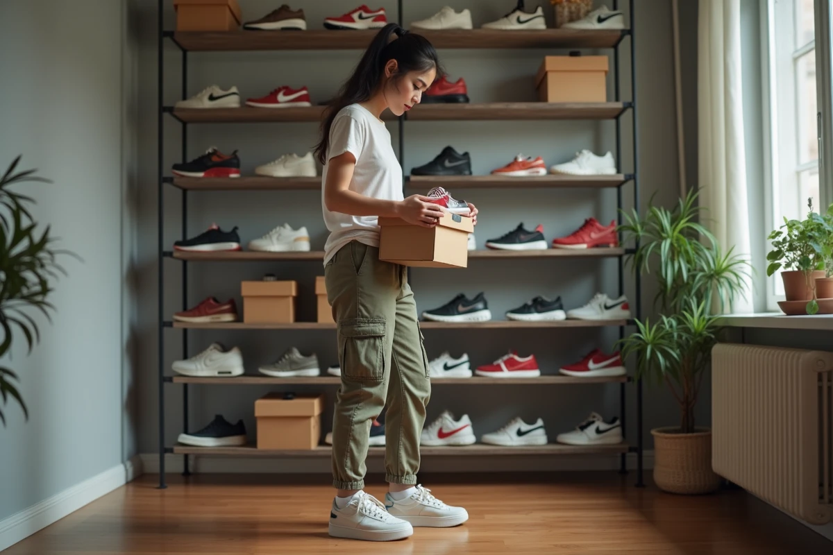 Femme organise collection de sneakers dans son appartement