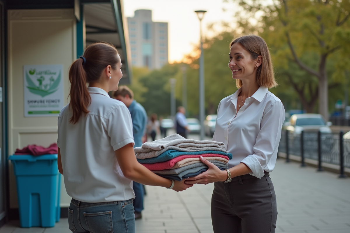 Femme remettant des vêtements pliés à un point de collecte urbain