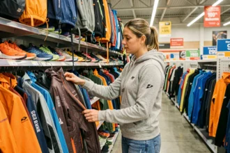 Femme feuilletant des vestes de sport de marque sur un portant dans un magasin de déstockage sport et outdoor