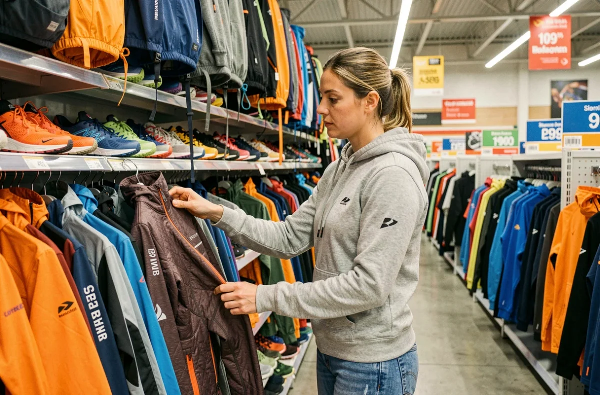 Femme feuilletant des vestes de sport de marque sur un portant dans un magasin de déstockage sport et outdoor