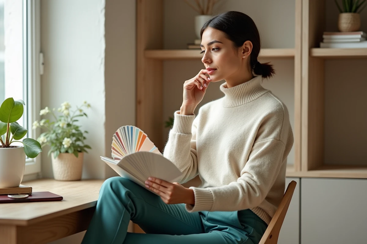 Femme examinant des échantillons de couleur dans un espace cosy